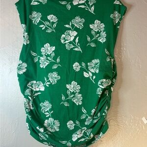 Maeve Anthropologie Green Floral Ruched Side Blouse Cap Sleeve Top